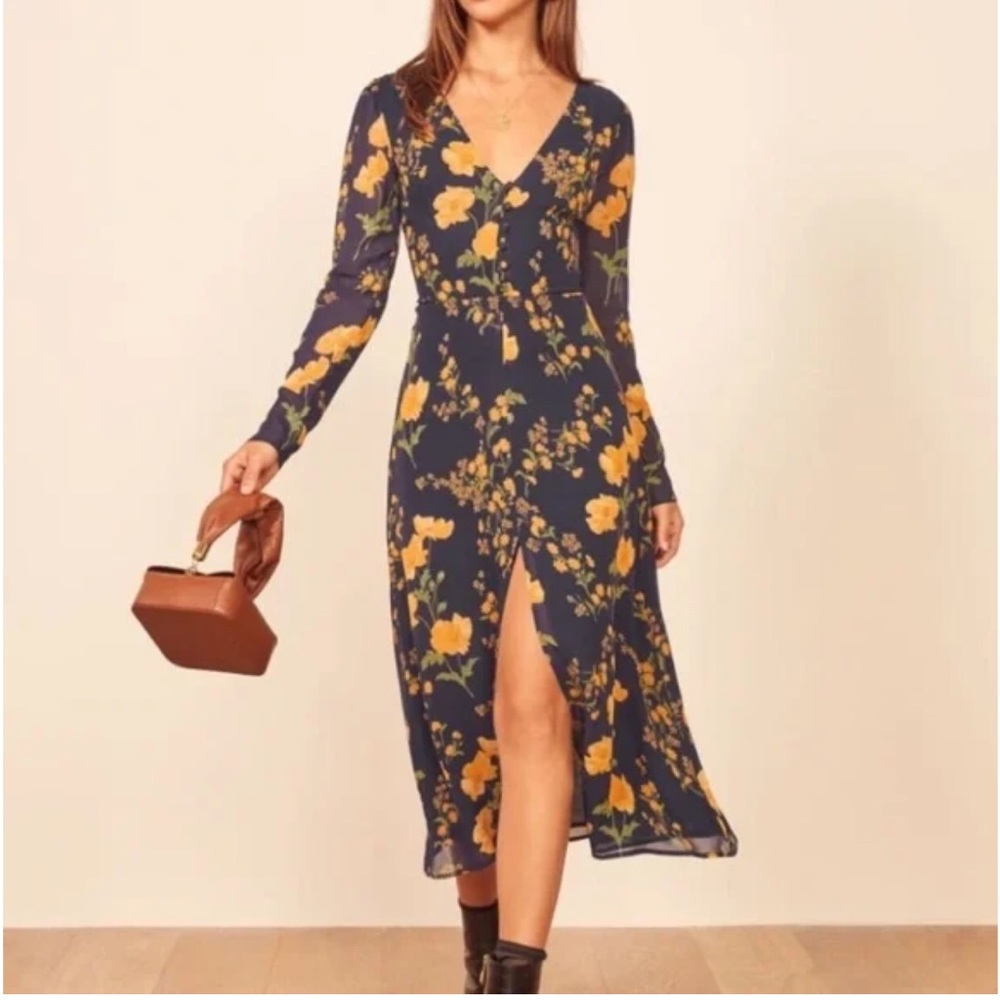 Reformation Navy Blue Yellow Floral Long Sleeve Orchard Midi Dress Bernadette